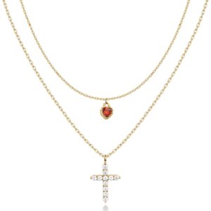 Gold Layered Cross Necklace Jewelry – 14K Gold Plated 2pcs Cubic Zirconia Cross Necklaces Pendant Trendy Jewelry Gift,Minimalist Communion Confirmation Baptism Religions Christian Gifts for Women