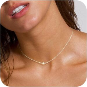 Cross Necklace for Women, Dainty 14K Gold Plated/Sterling Silver Choker Necklace Cute Tiny Cross Pendant Necklaces Simple Small Diamond Necklaces for Women Gold Jewelry for Women