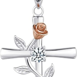 BlingGem Cross Necklace for Women 925 Sterling Silver Birthstone Necklace Rose Cross Pendant 5A Cubic Zirconia 12 Birth Months Birthday Jewelry Gifts for Women Wife Her